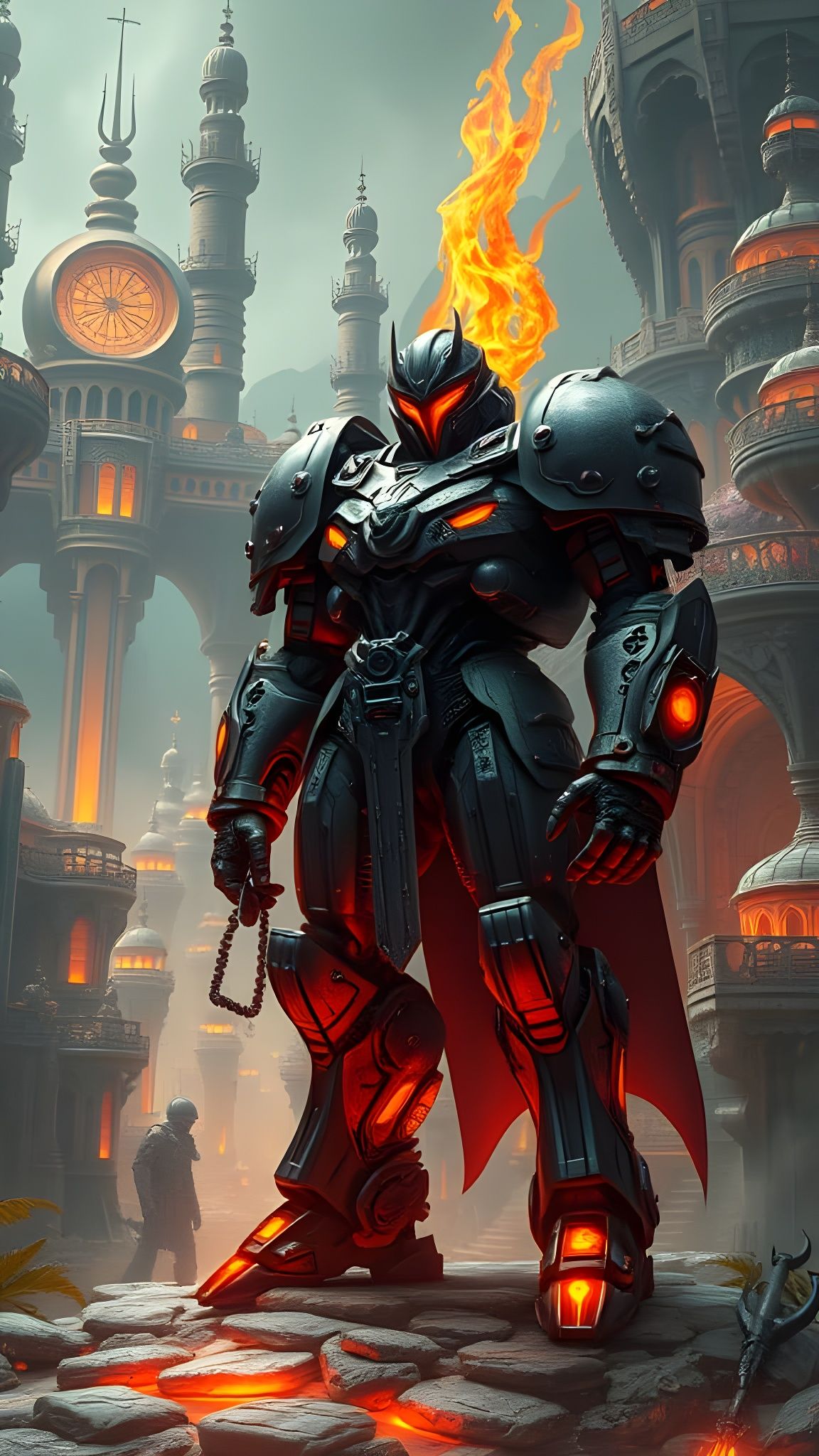 Cyberpunk Fire Mech Knight of a Futuristic Alien Civilizatio...