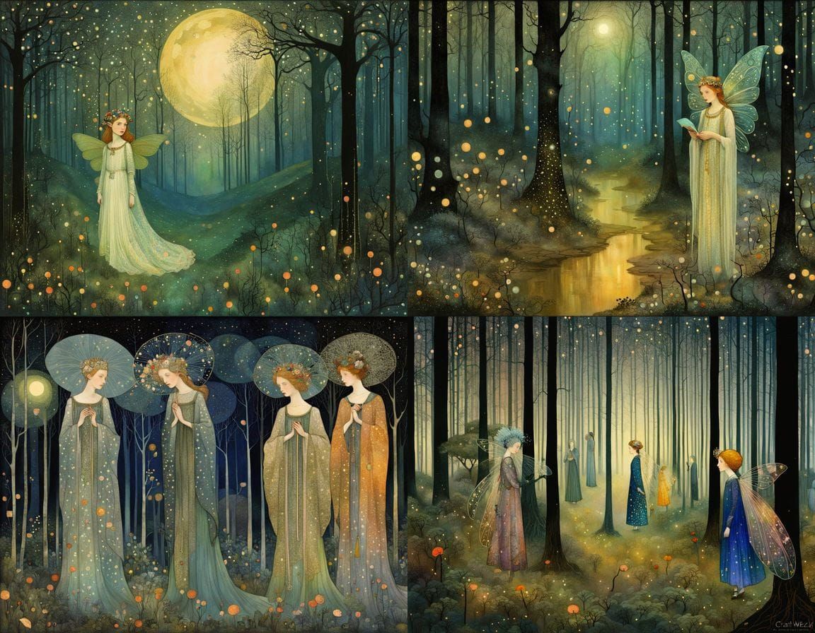 forest fairies at night, In the style of Harry Clarke, Gustav Klimt, Frederick Cayley Robinson, Kay Nielsen, Erin Hanson
