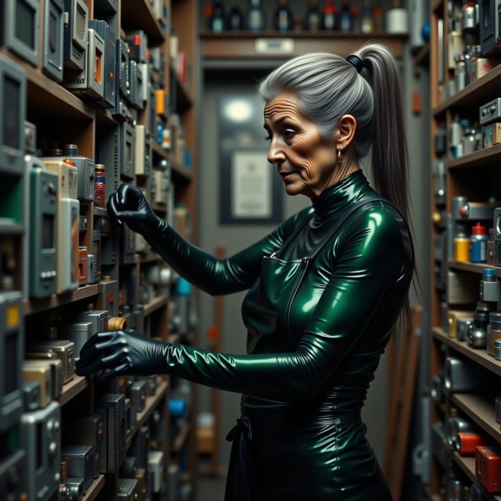 Elegant Woman in Green Latex Dusts Junk Room Shelves