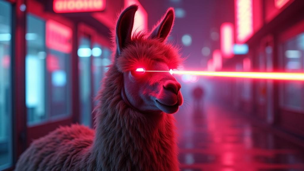 Cyberpunk Llama with Laser Eyes in Neon Cityscape