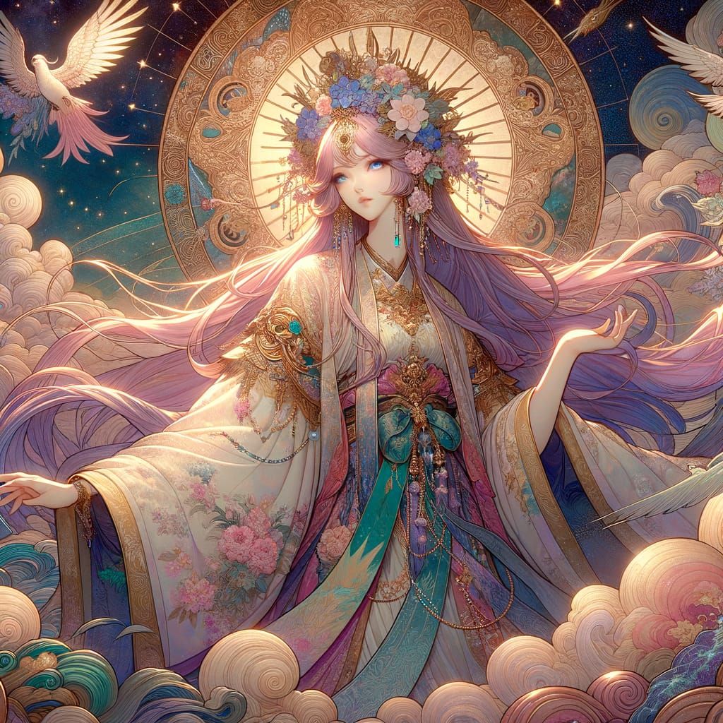 Celestial Goddess in Lush Early 20th Century Anime Style