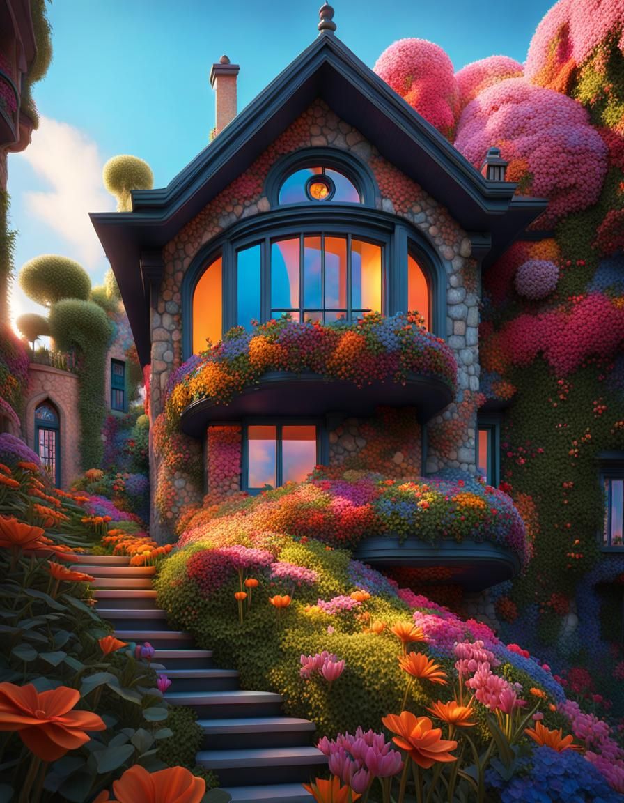 Surreal Home Architecture with Colorful Flowers