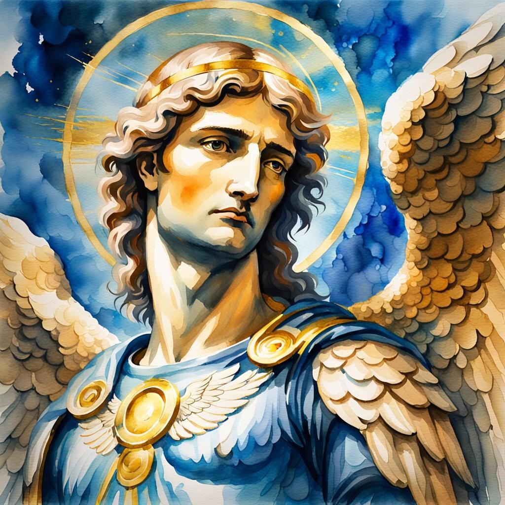 Watercolor Archangel Michael Portrait in Heavenly Light
