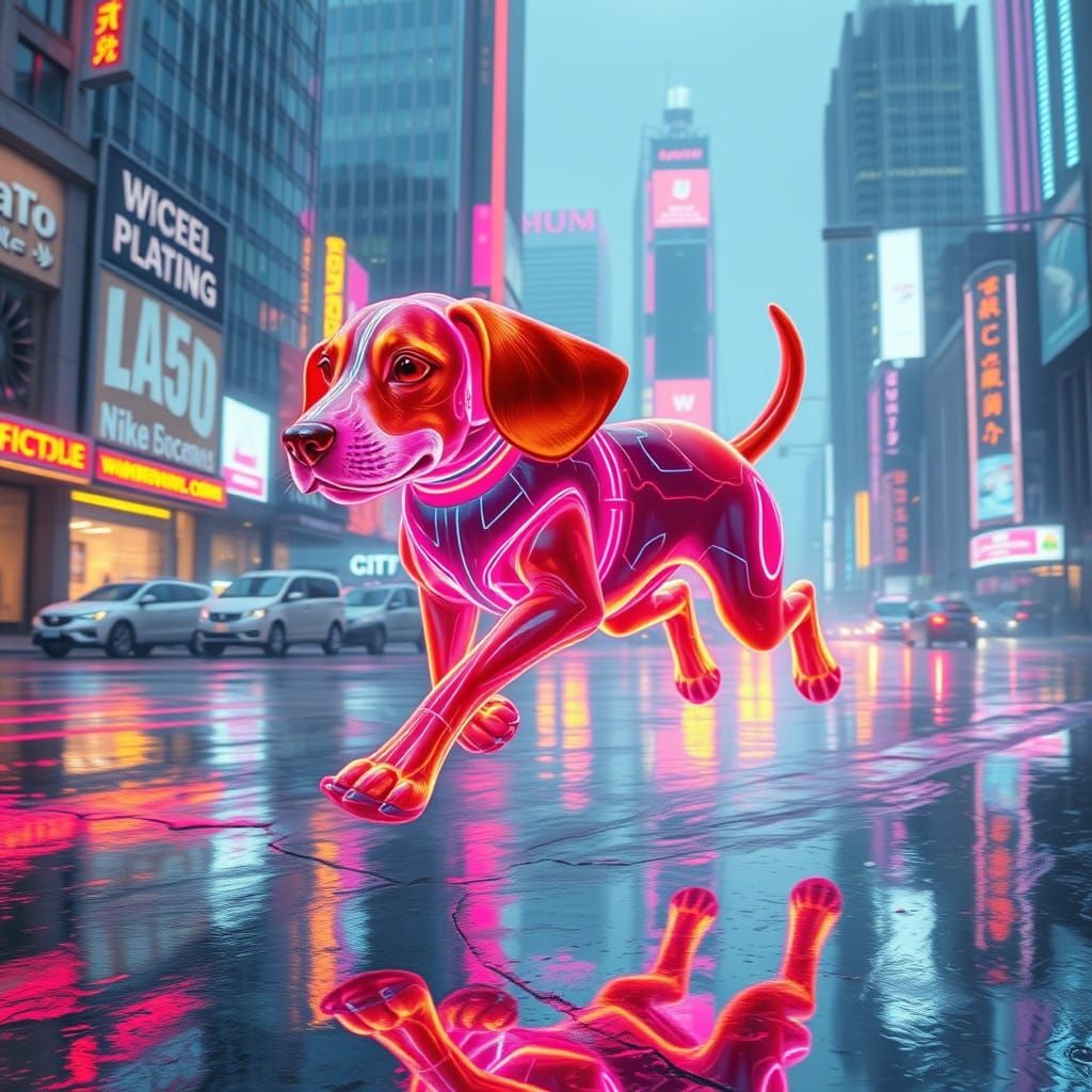 Surreal Futuristic Hologram Beagle Runs Through Neon-Lit Cit...