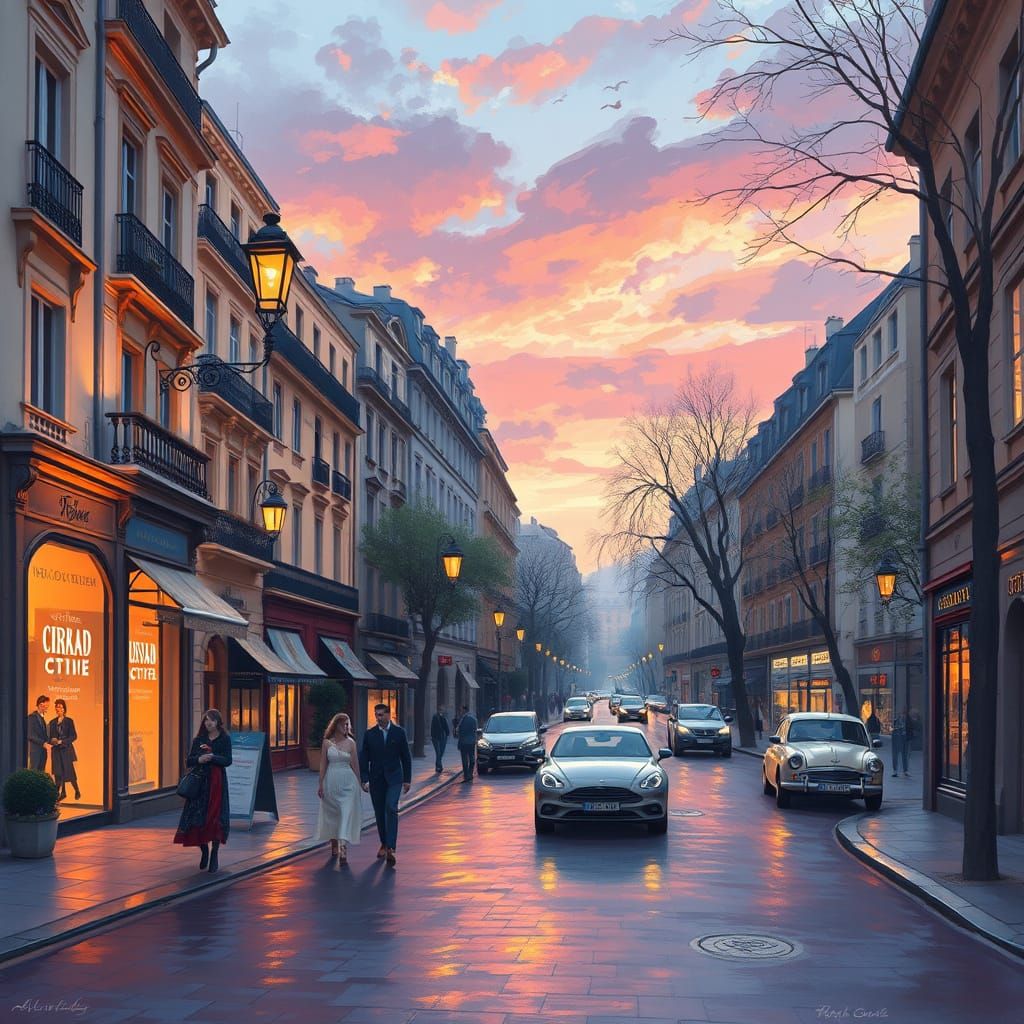 Romantic Sunset on European Street in Impressionist Style