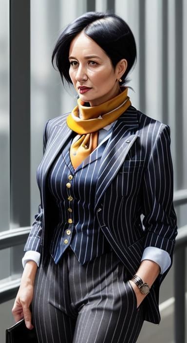 Businesswoman in Pinstripe Suit with Silk Scarf