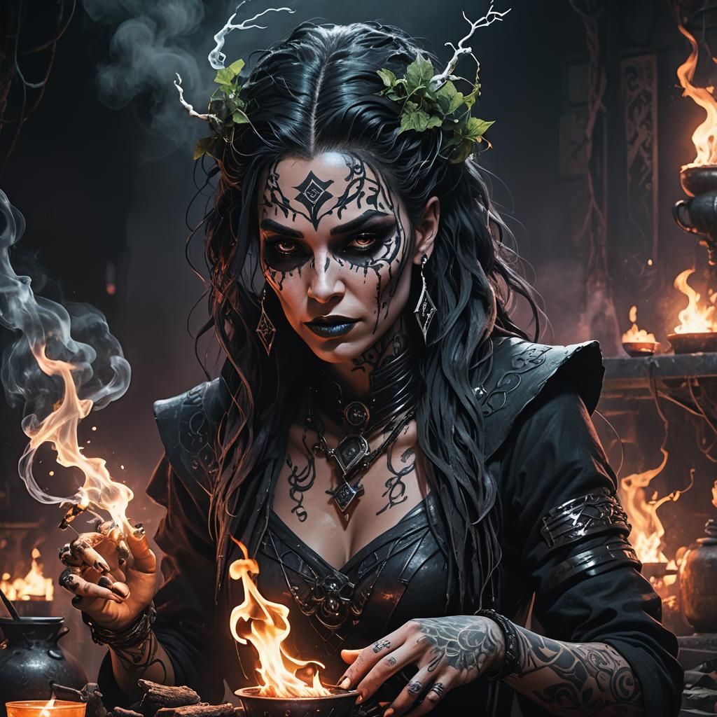 Cyberpunk Witch Preparing a Potion in Dystopian City