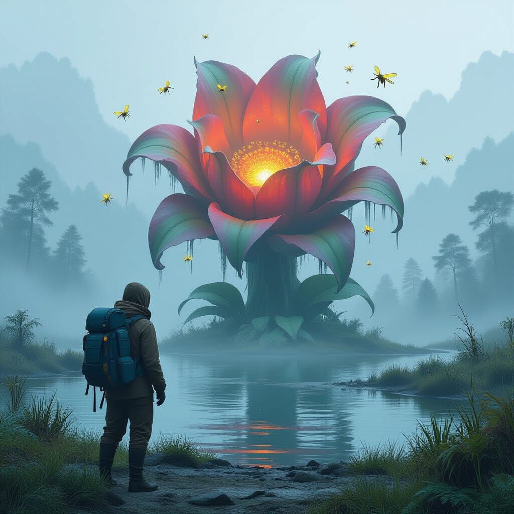 Botanist Discovering Colossal Flower in Alien Swamp