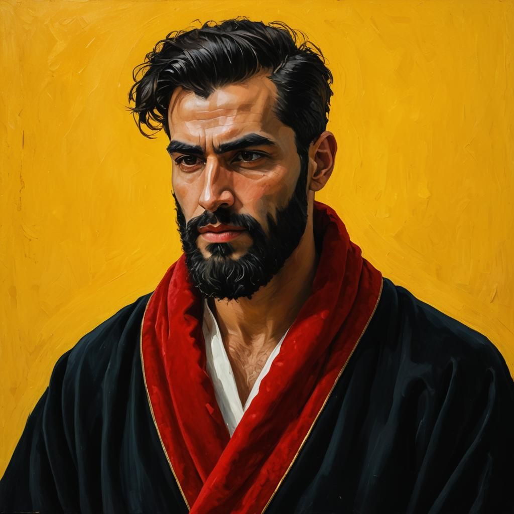 Angry Man in Velvet Robe: Neo-Impressionist Oil Painting
