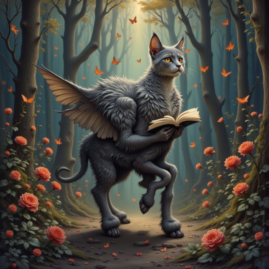 Whimsical Cat-Zebra Creature in Art Nouveau Style