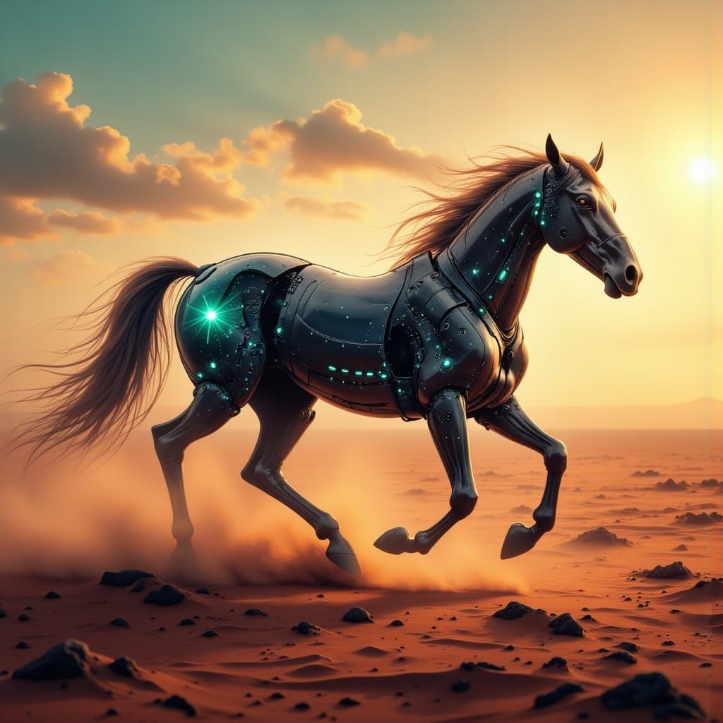 Cybernetic Horse Galloping on Alien Planet