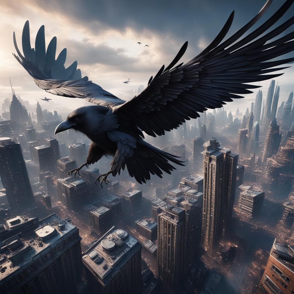 Raven Soars Over Modern City: Fantasy Concept Art