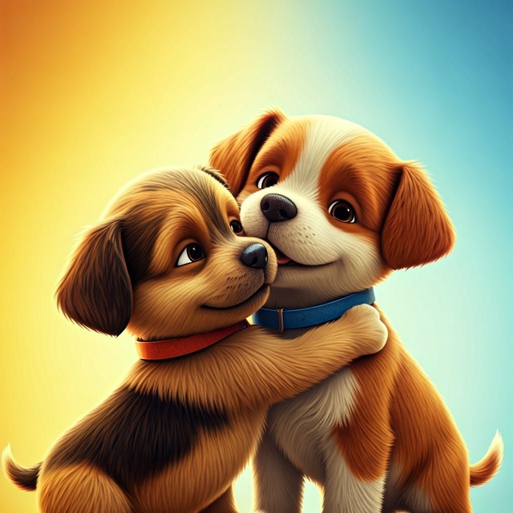 Adorable Puppies Embrace in Pixar-Style Scene