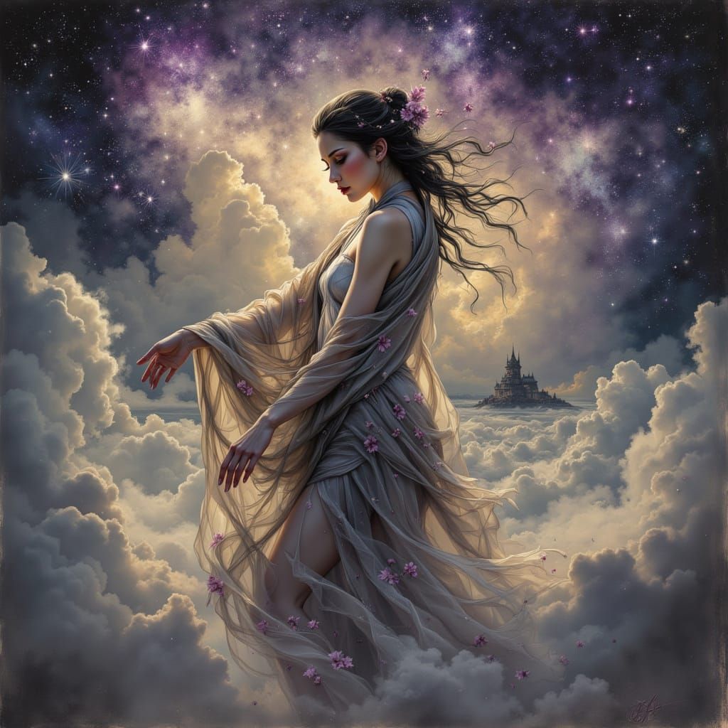 Ethereal Japanese Goddess in Spectral Castle