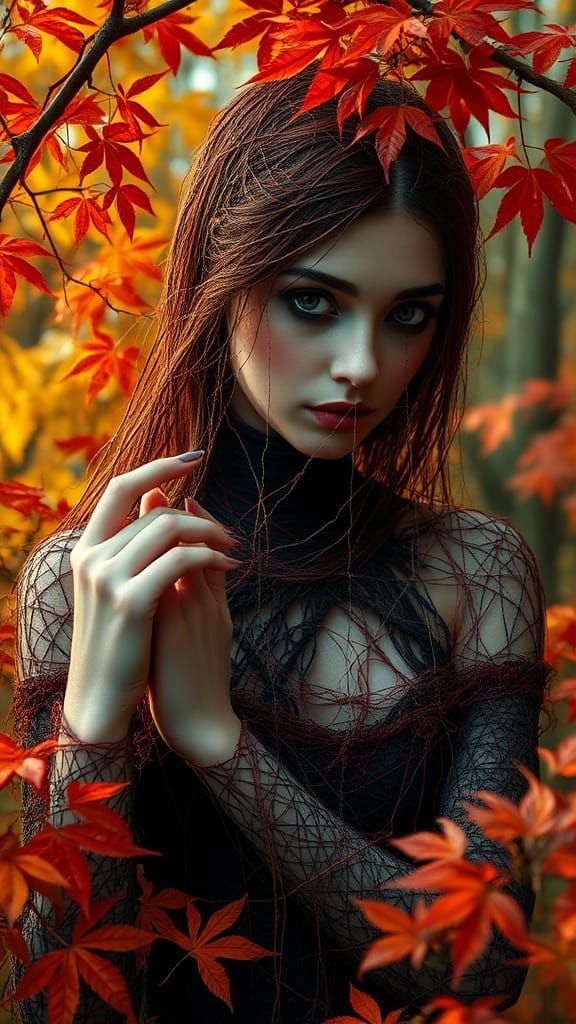 Gothic beautiful woman made of twine and string, attractive scene, breathtaking, autumn time,