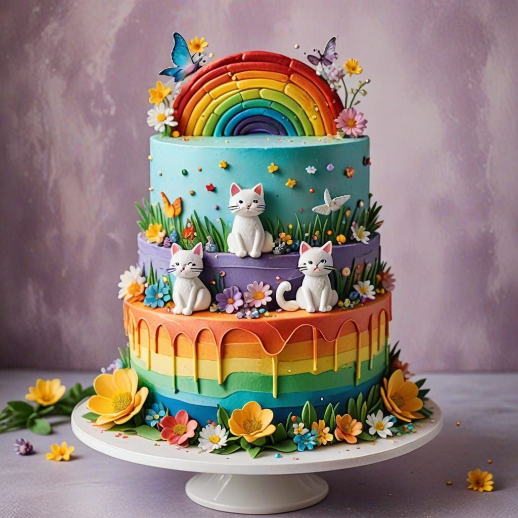 Rainbow Cake with Crystals and Meadow Background