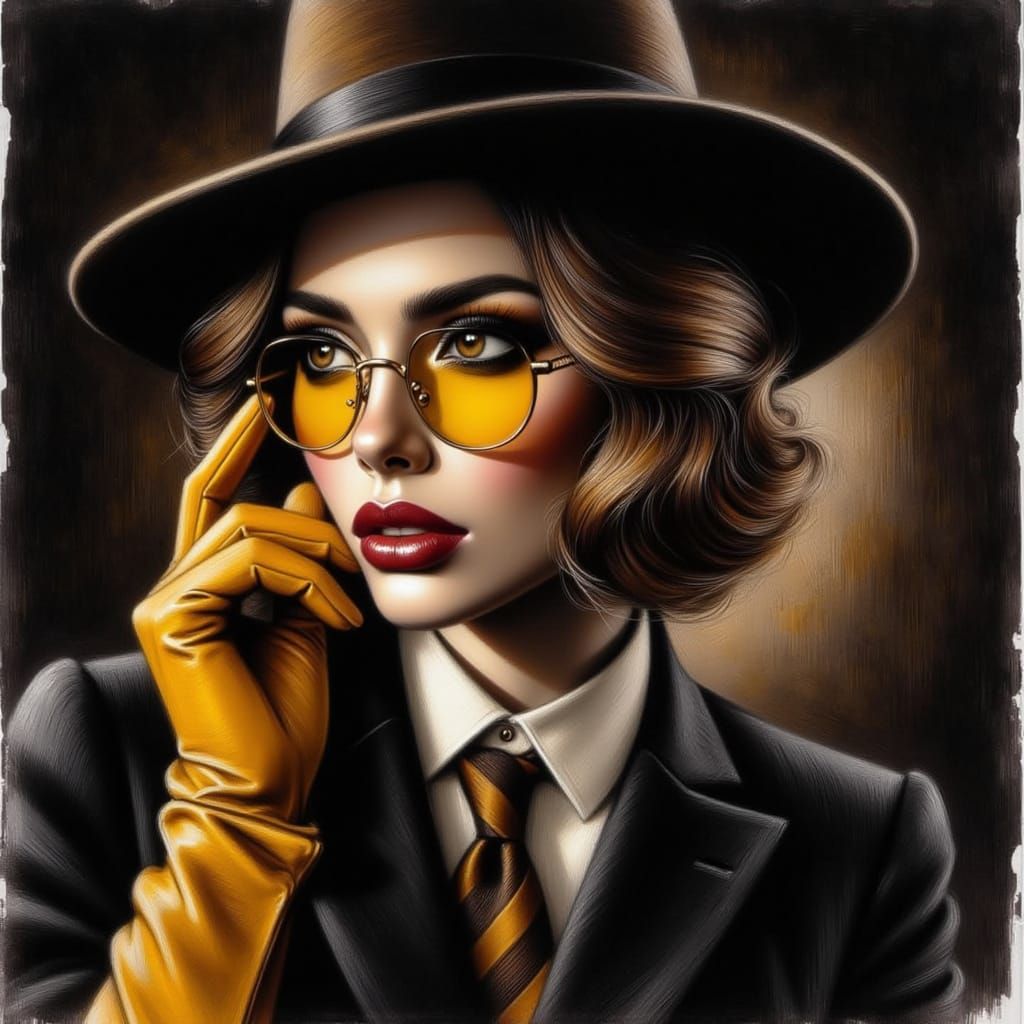 Sophisticated Mobster Woman in Watercolor Acrylic Art