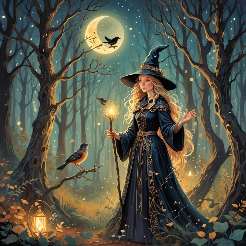 Benevolent Witch in Moonlit Forest Illustration