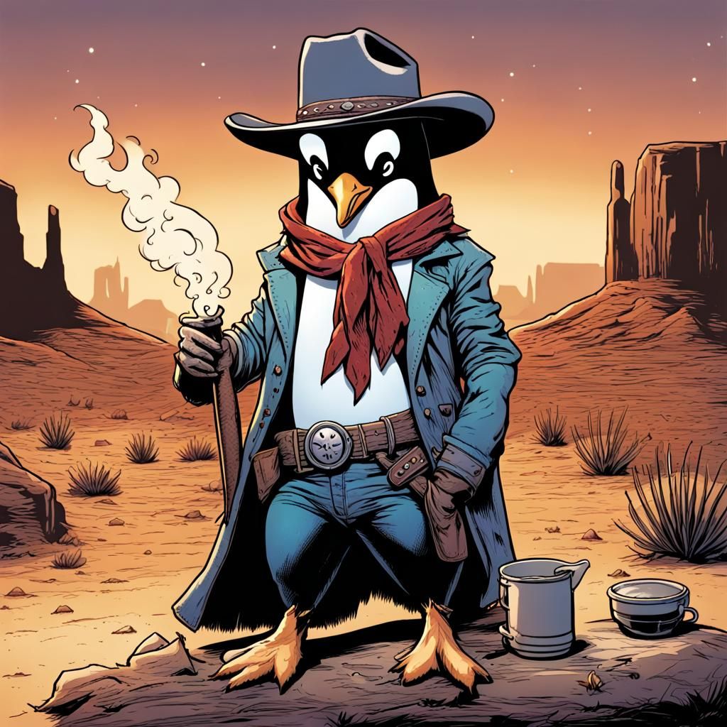 Penguin Cowboy at Desert Campfire: Comic Book Art