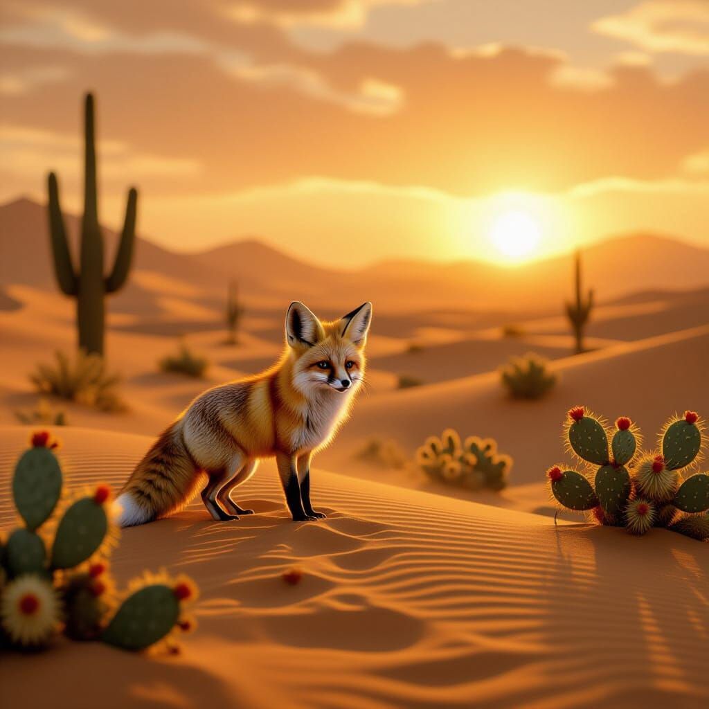 Fennec Fox in Desert Sandstorm, Golden Hour Light