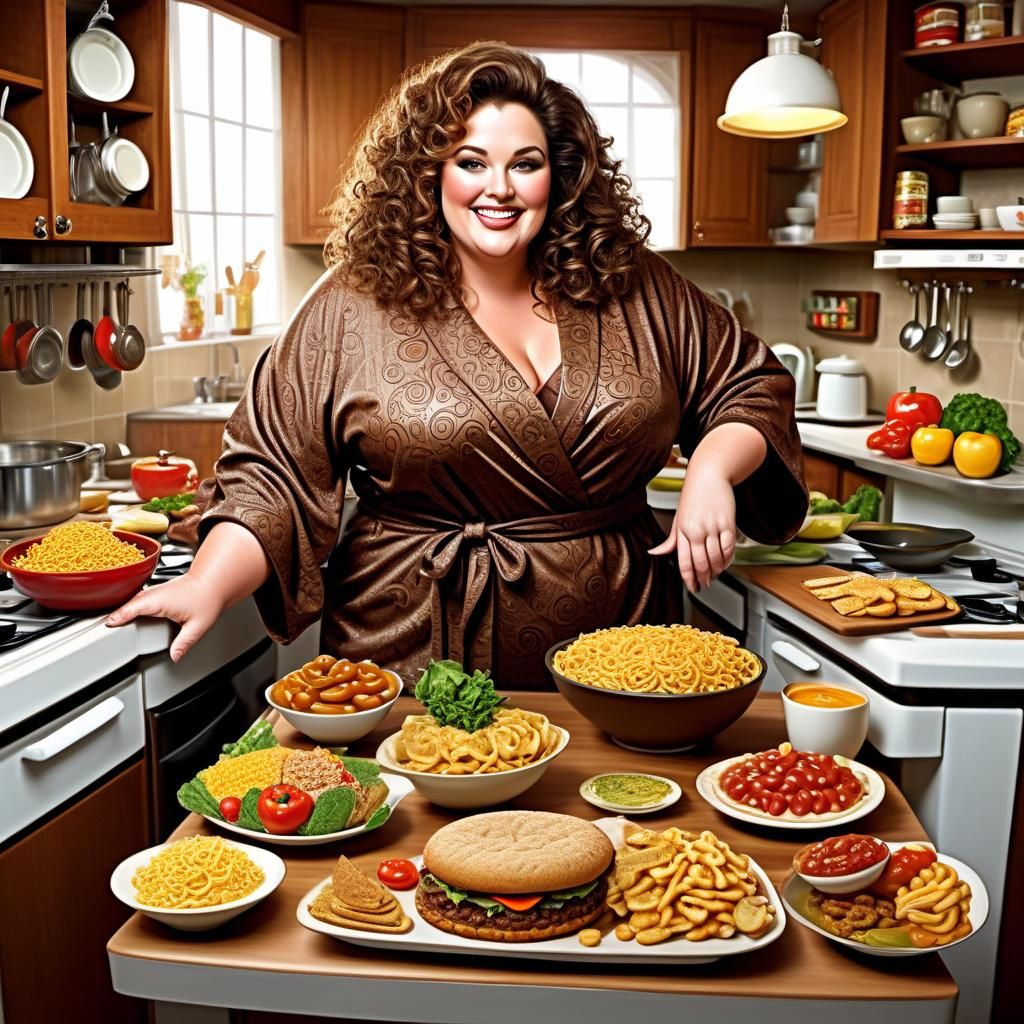 Plus-Size Woman in Kitchen Made of Food