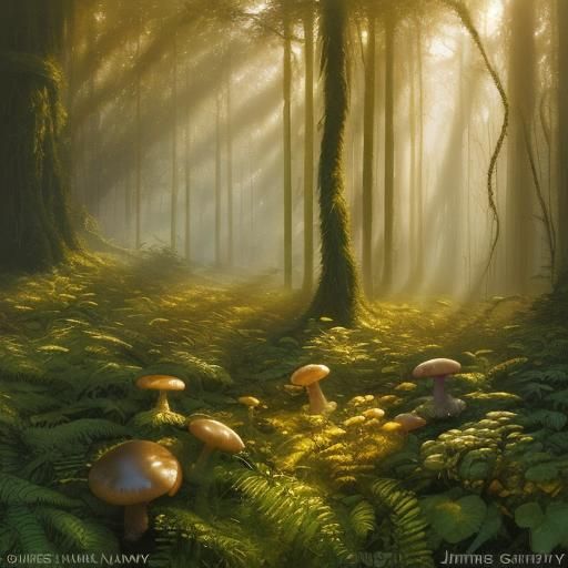 Sunrise in Mossy Forest: Glistening Dew Oil Painting