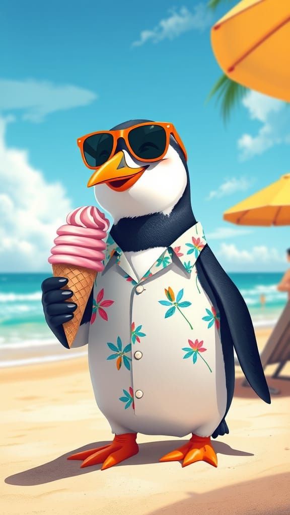 Penguin in Sunglasses Enjoying Ice Cream, Bold Art Style