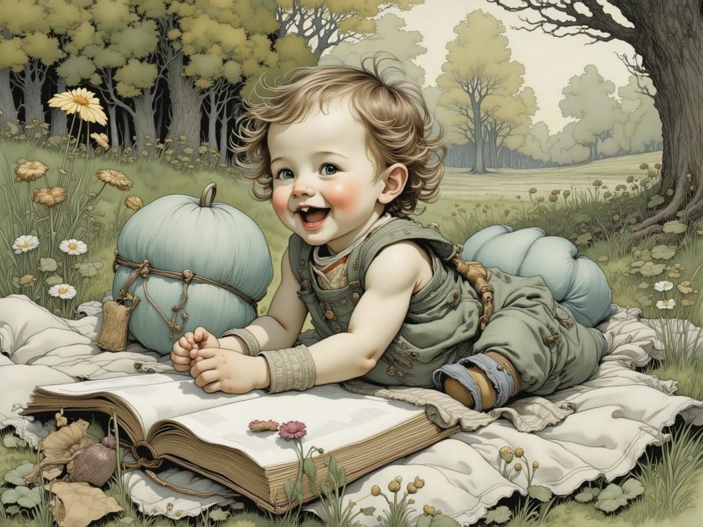 Laughing Baby in Garden: Fantasy Illustration