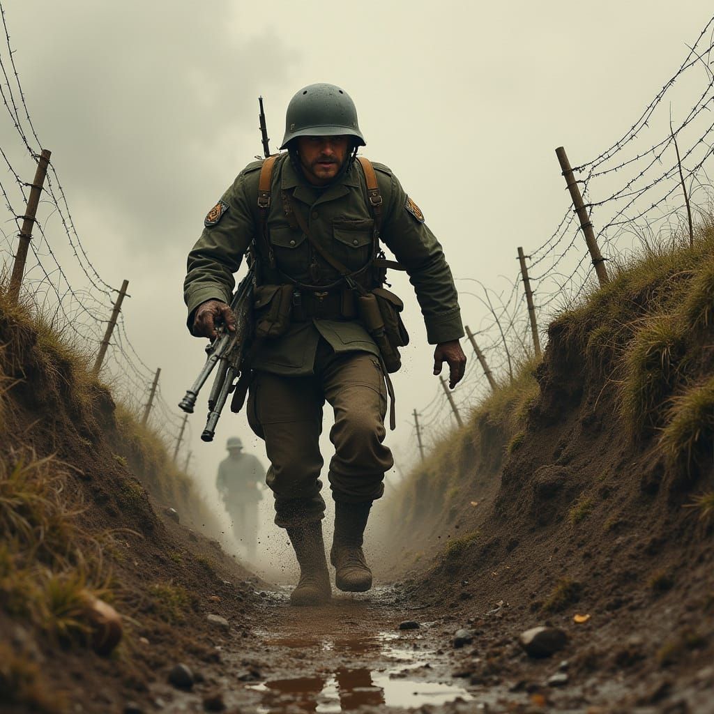 German Soldier Charges Through Muddy WWI Battlefield