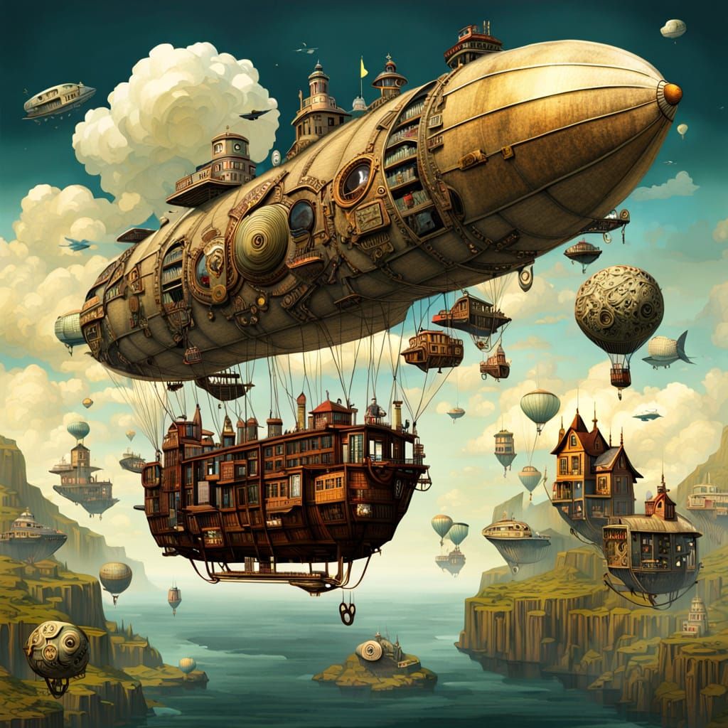 Surreal Steampunk Airship Soars Through Fantastical Sky
