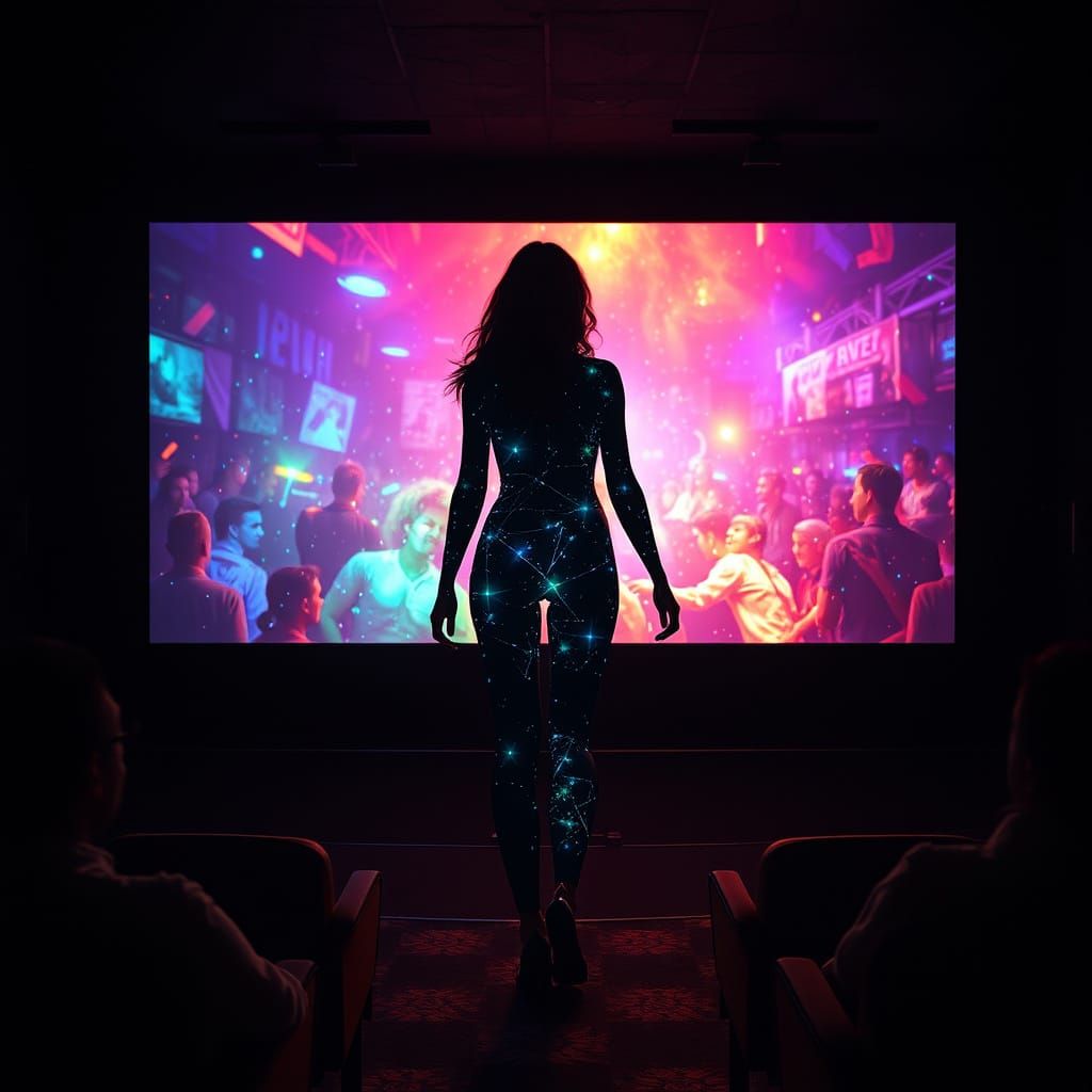 Ethereal Woman Emerges on a Dark Cinema Screen