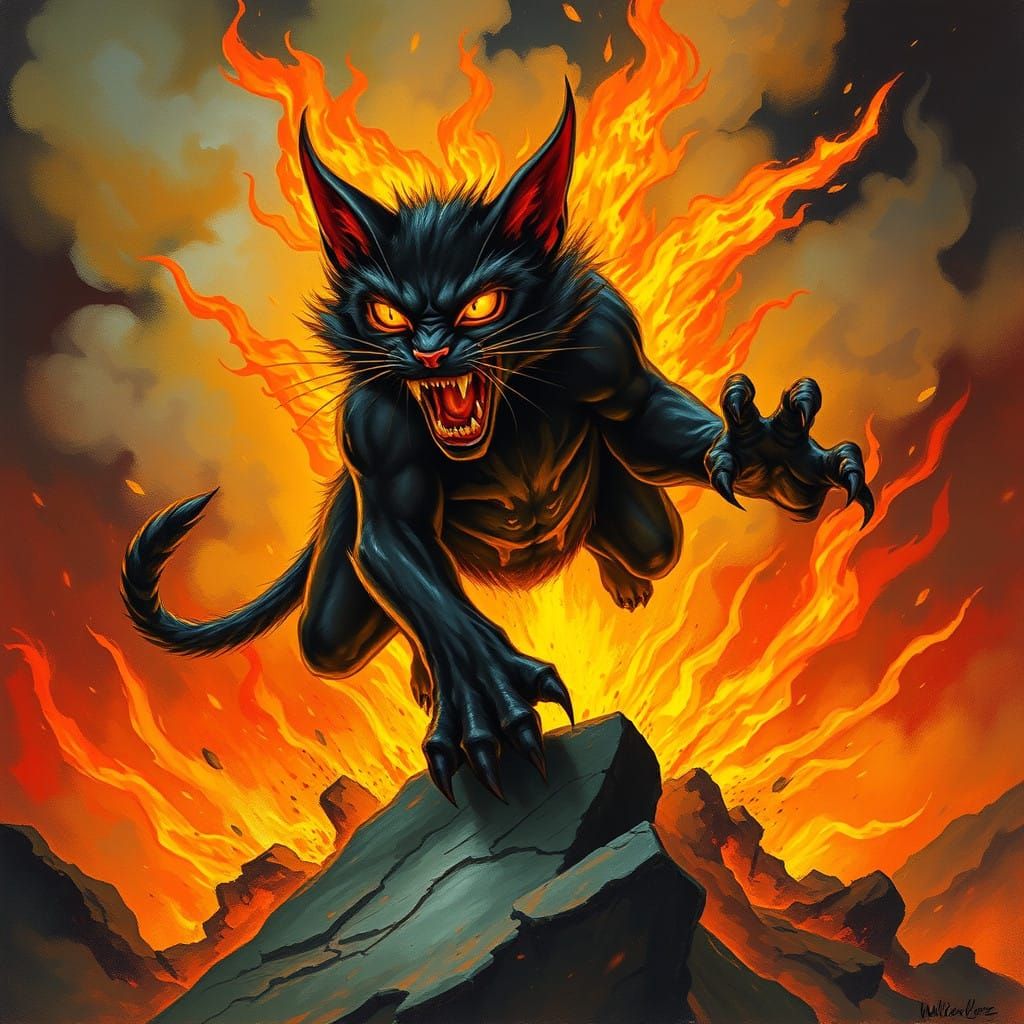 Demonic Feline Creature in Fiery Combat Pose