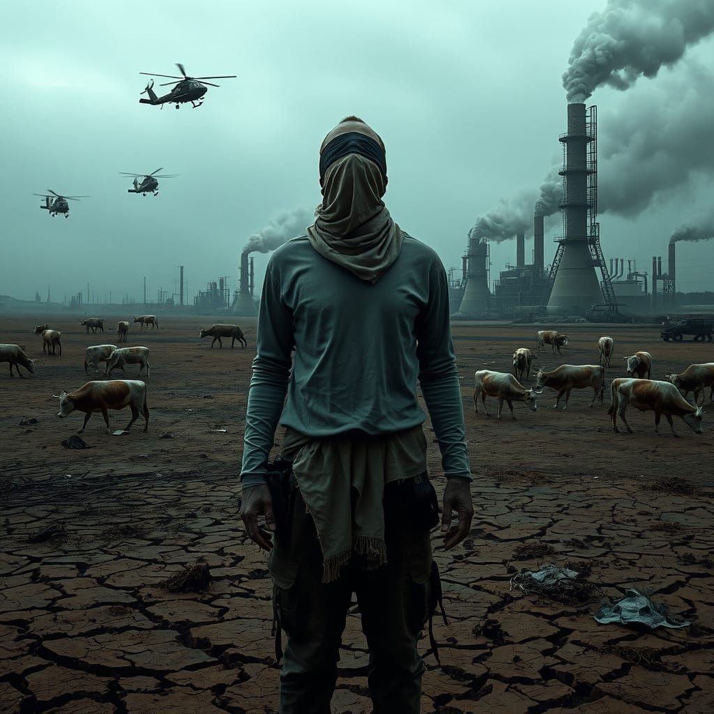 Post-Apocalyptic Figure Amidst Industrial Wasteland