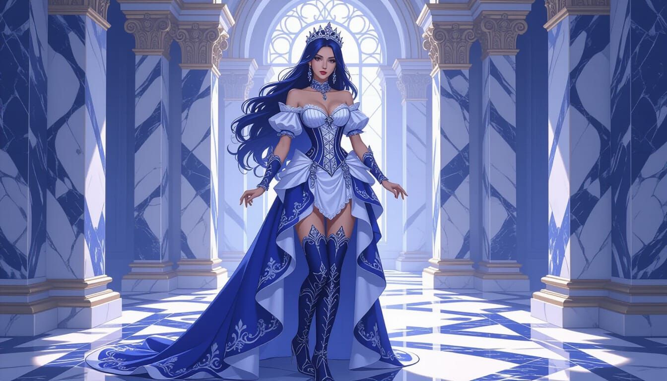 Steampunk Queen in Indigo Corset Dress and Boots