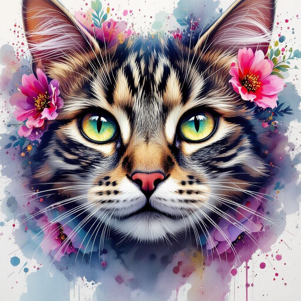 Vibrant Floral Cat Portrait in Watercolor Splash Style