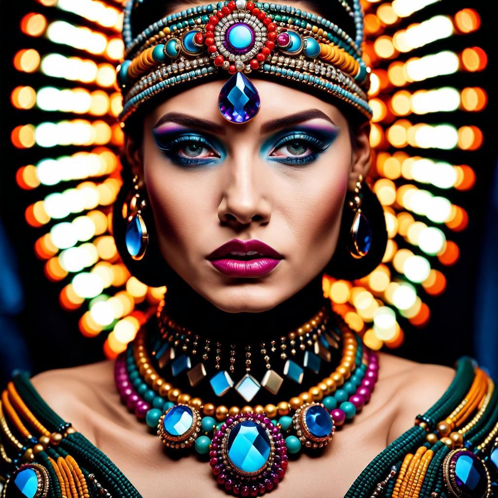 Glamorous Model with Futuristic Jewelry in Hyperrealistic Po...