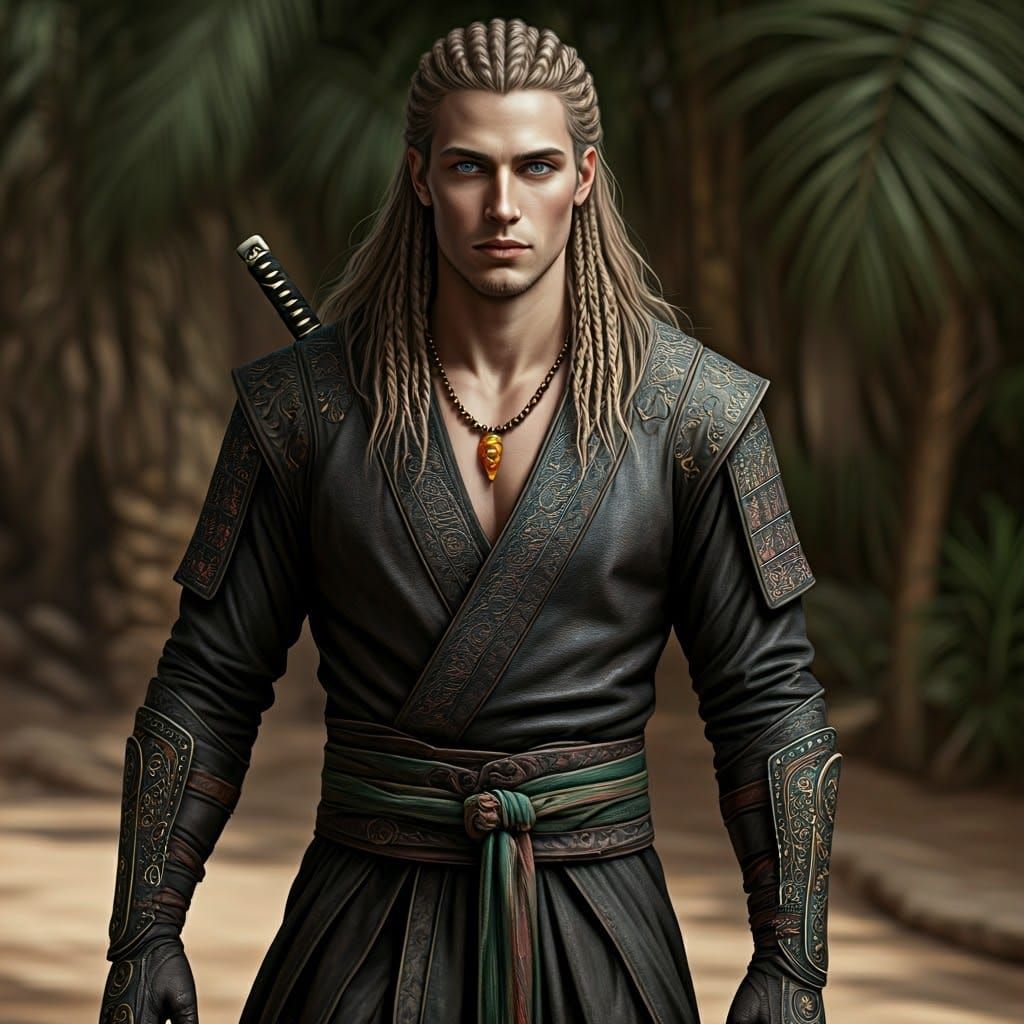 Intriguing Man with Braids in Desert-Jungle Climate