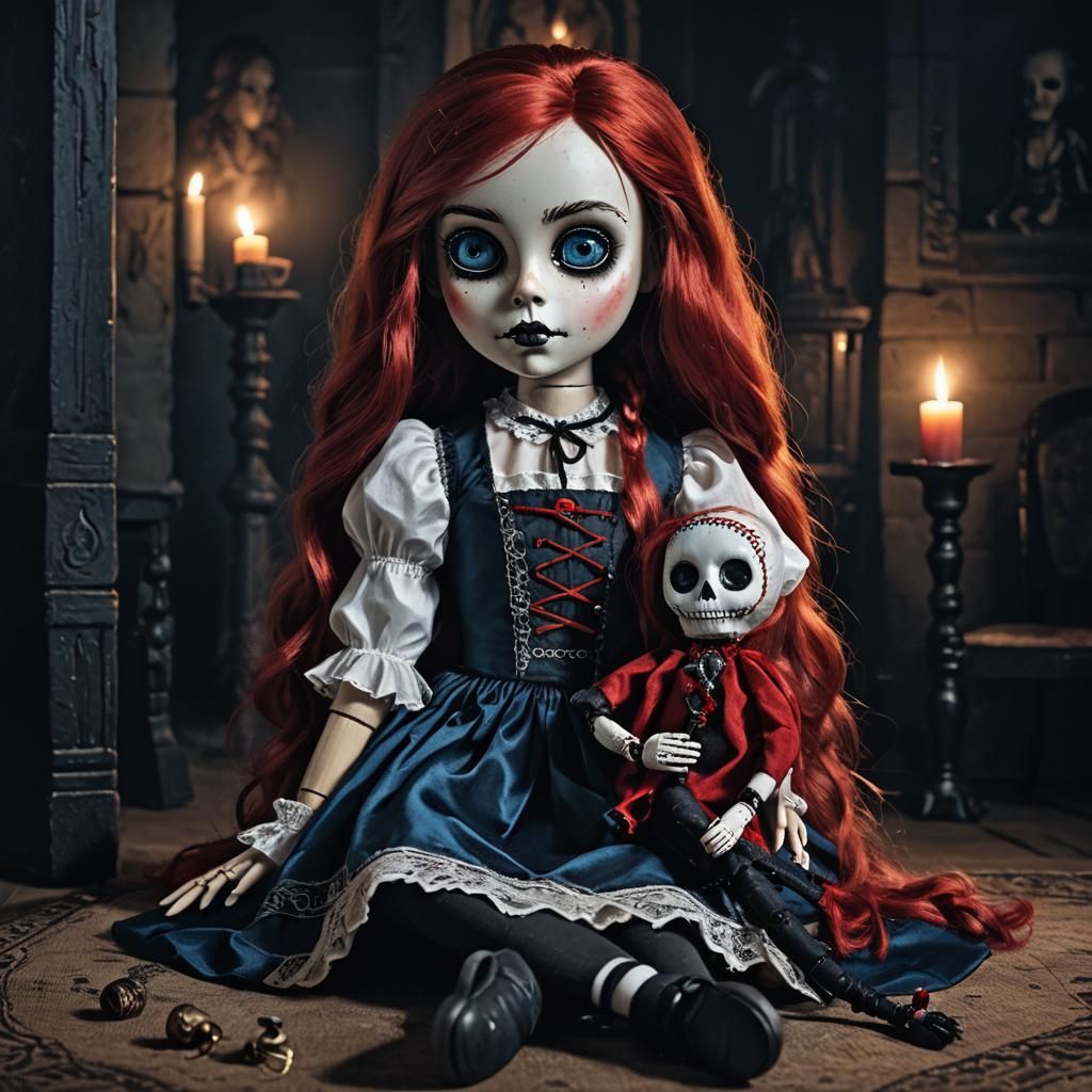 Mysterious Girl with Voodoo Doll in Dark Castle