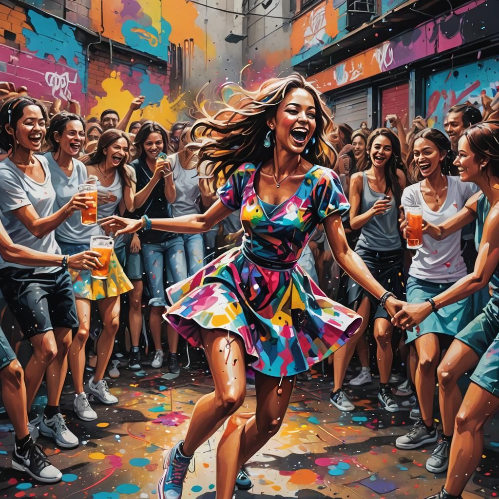 Colorful Dance Party Scene in Street Art Style
