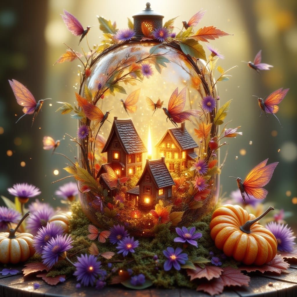 Autumn Fairy Village in Glass Lantern