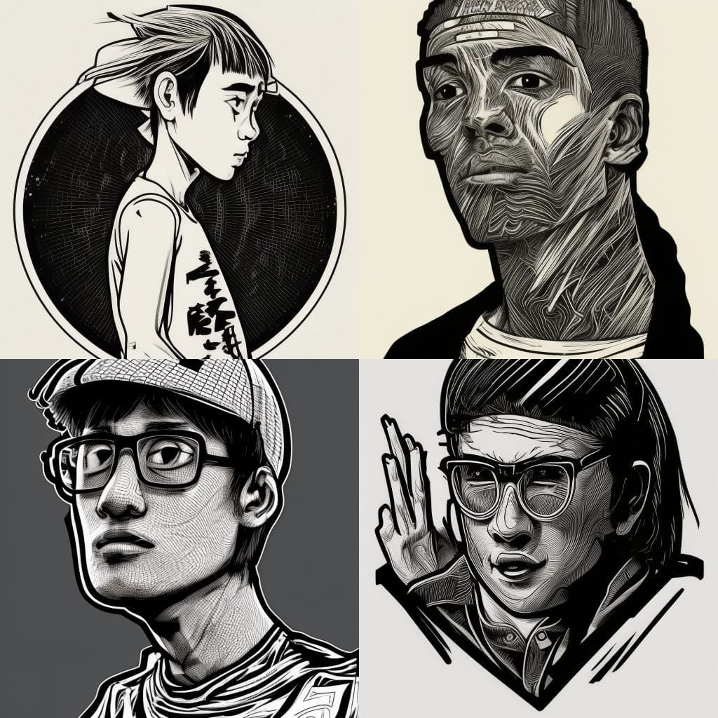 Skateboarding Linocut in Black and White