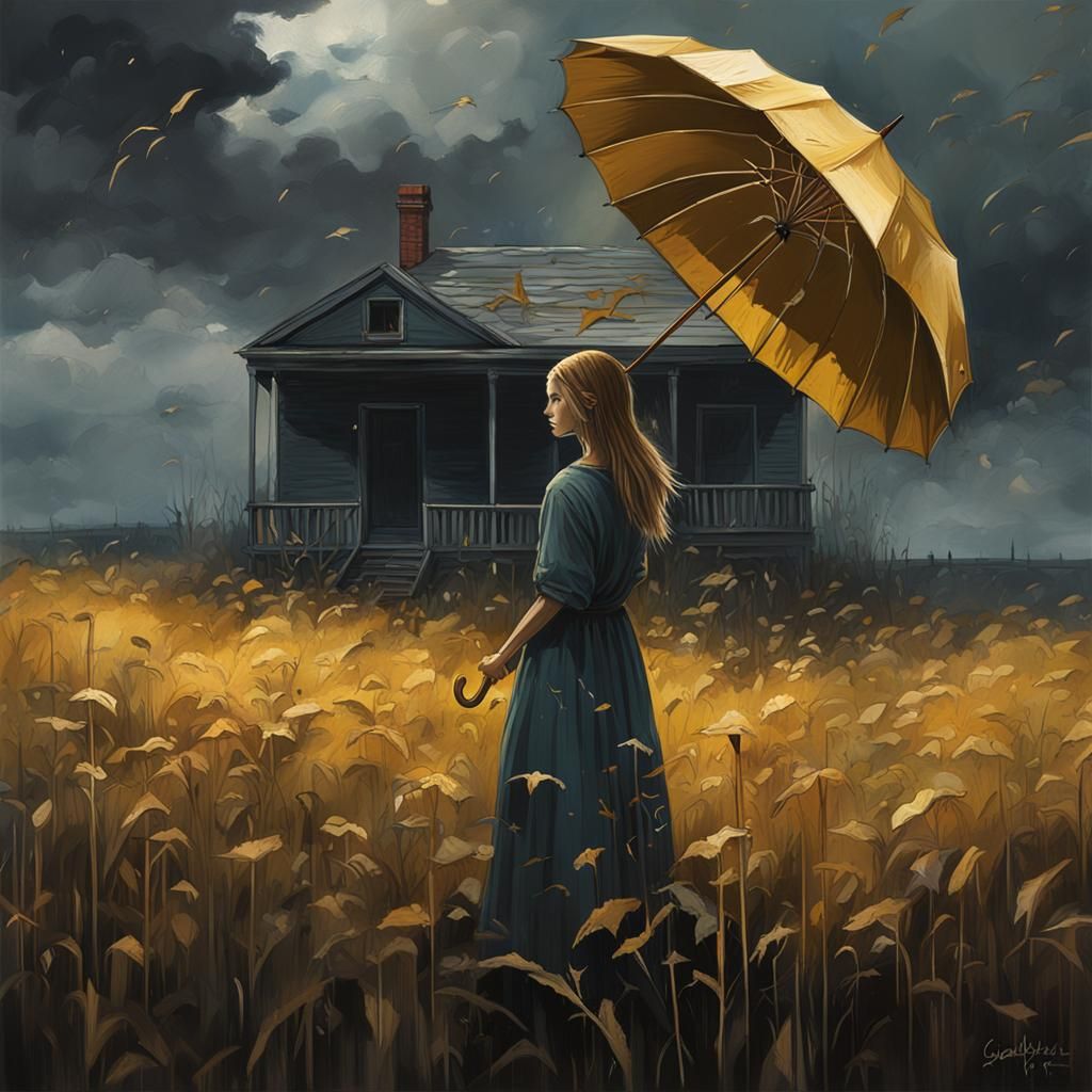 Woman with Gold Umbrella in Graffiti Art Style