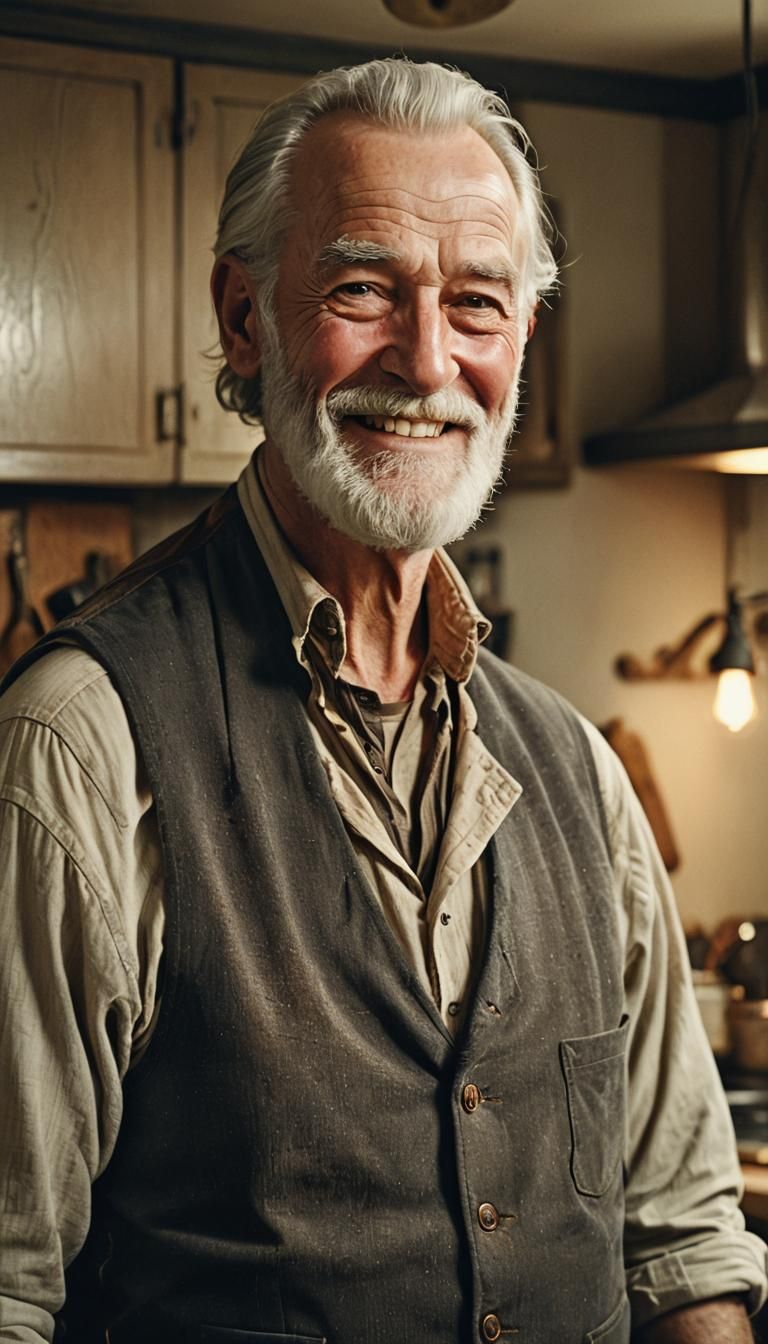 Smiling Old Man in Kitchen: Vintage Film Style