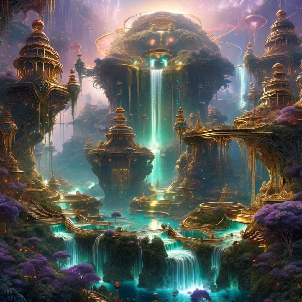 Surreal Glowing Waterfalls with Xenomorph Mechs