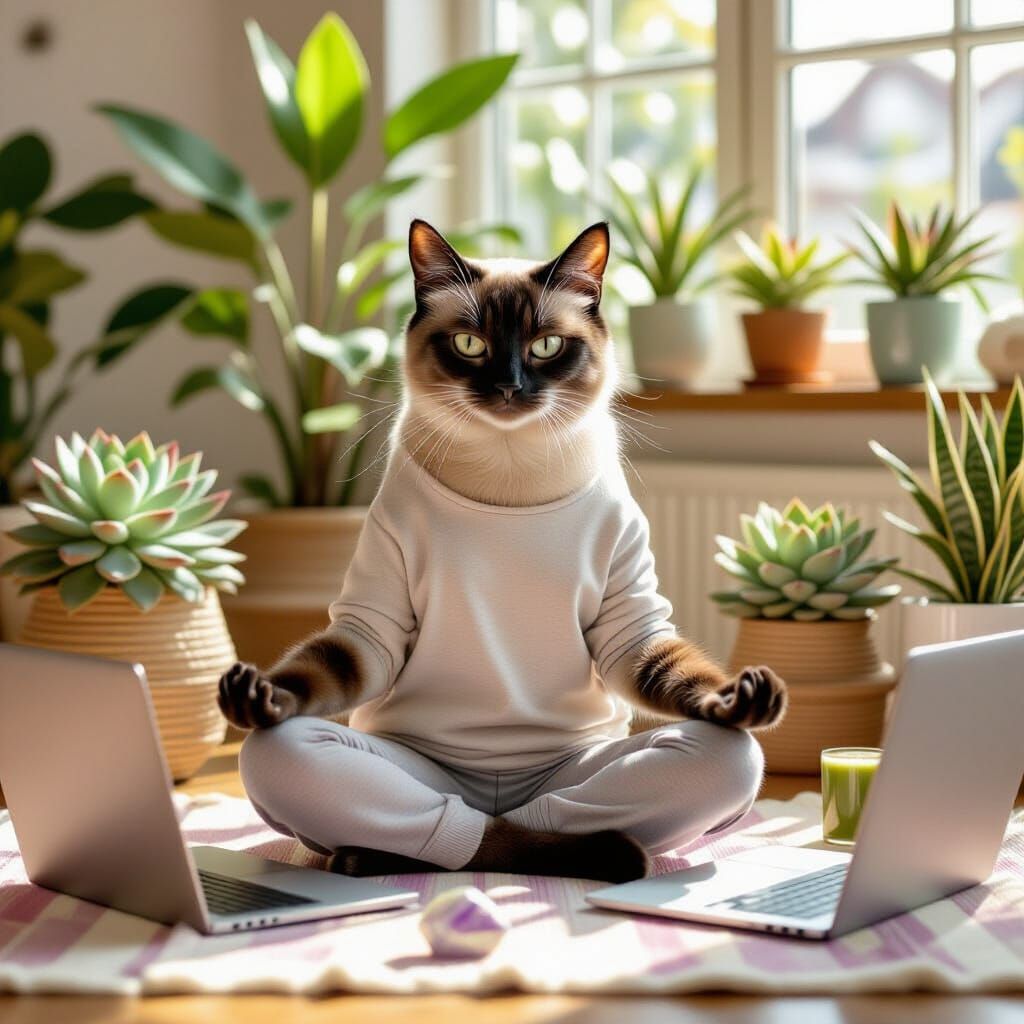Siamese Cat Yoga in Dreamy Digital Art Style