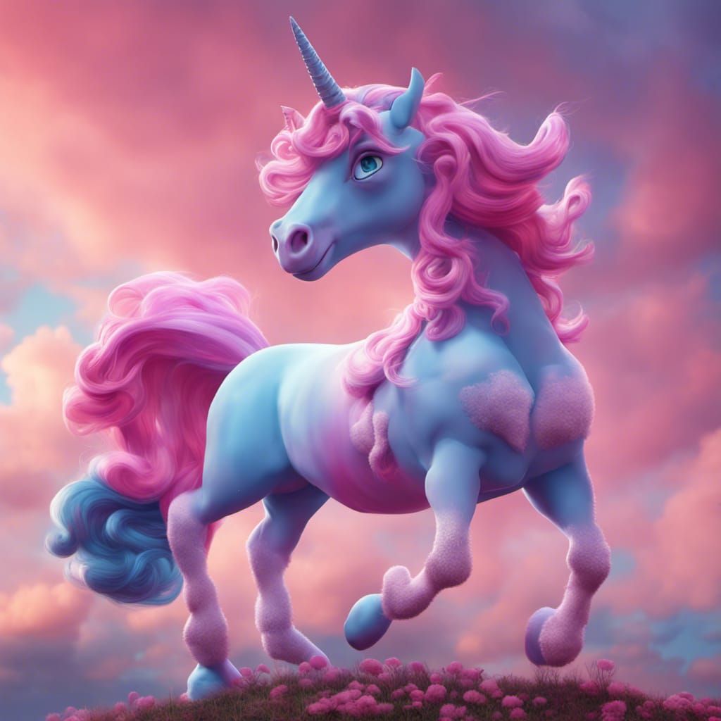 Pixar-Style Blue Unicorn in Fantasy Landscape