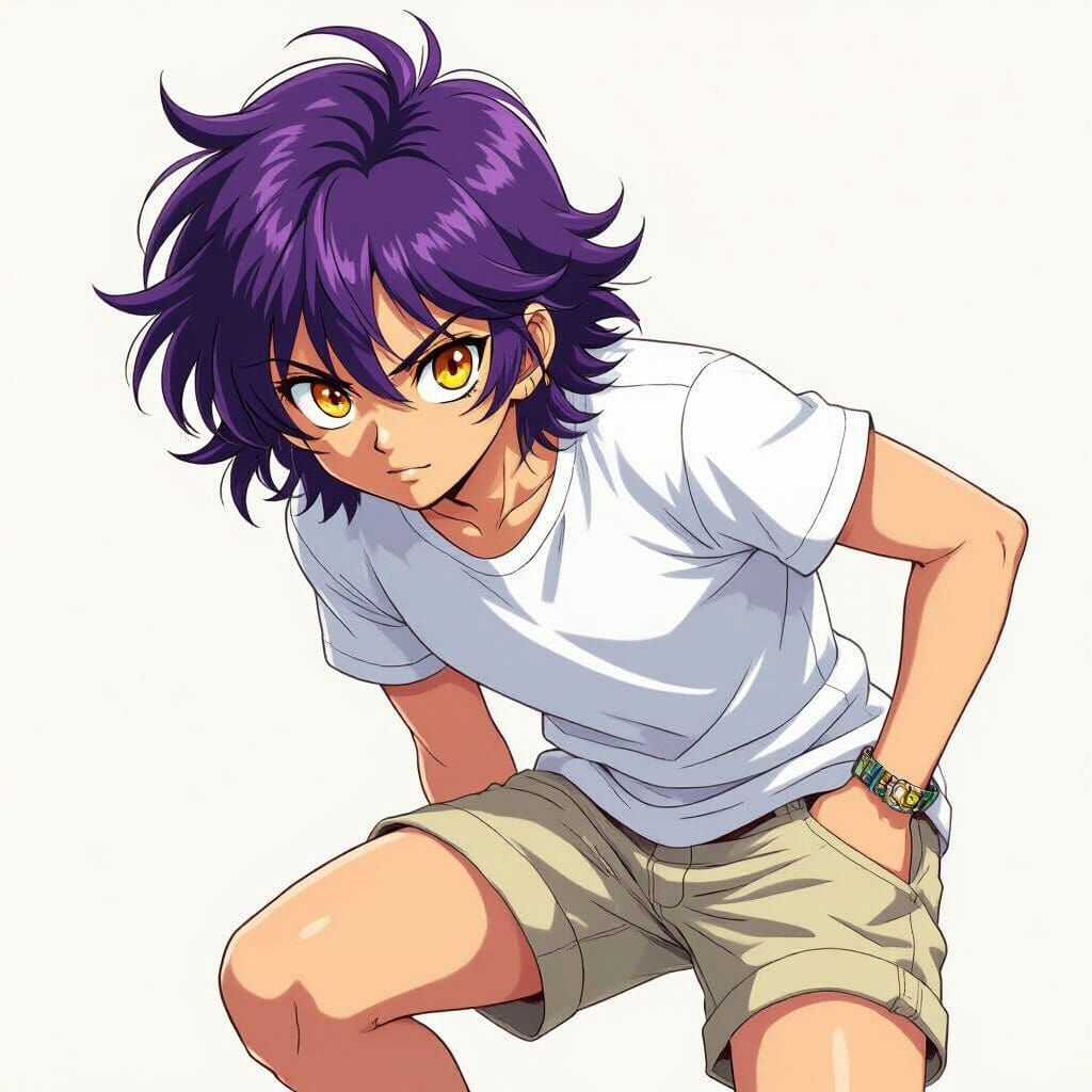 Dynamic Anime Character with Purple Hair and Yellow Eyes
