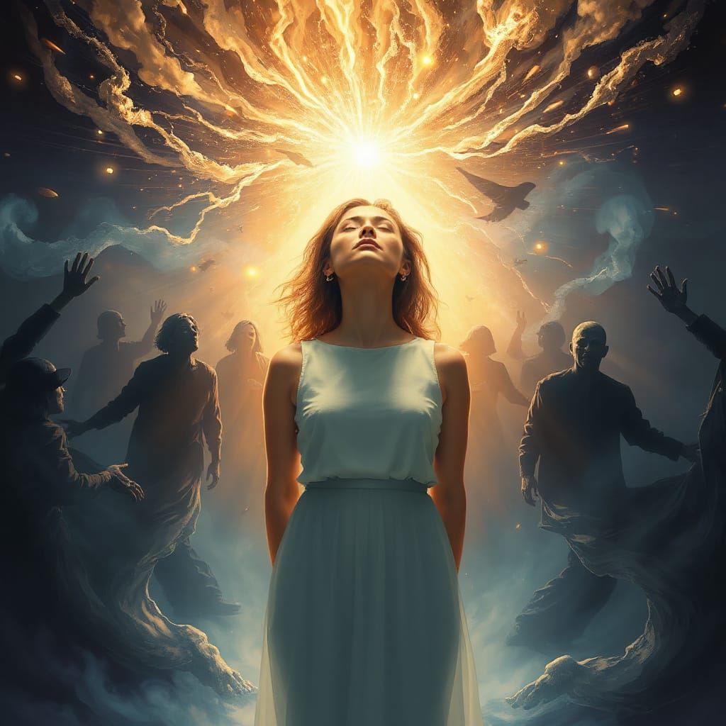 Woman Radiating Peace Amidst Chaos in Digital Painting