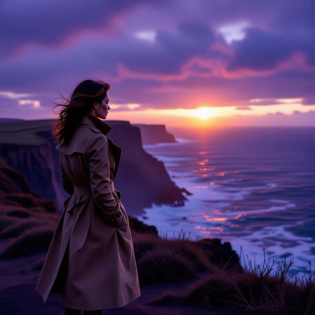 Woman on Windswept Cliff Overlooking Stormy Ocean