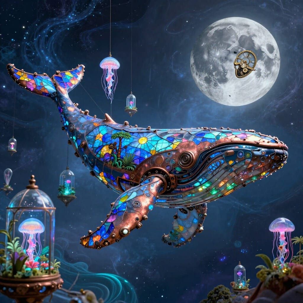 Mechanical Stained Glass Whale in Cosmic Nebula